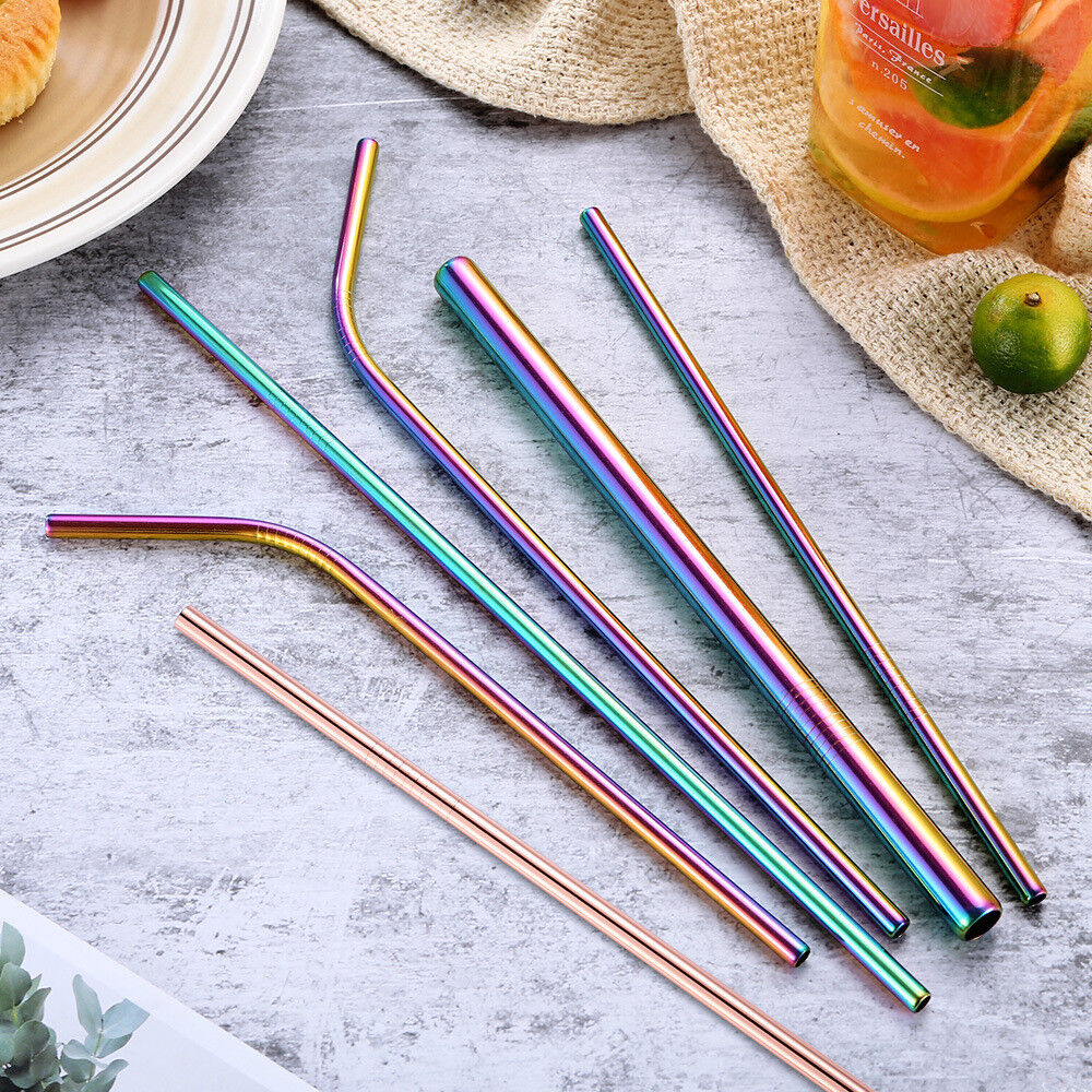 US 8pcs 10.5" Stainless Steel Ultra Long Metal Cocktail Straw + 2 Cleaner Brush