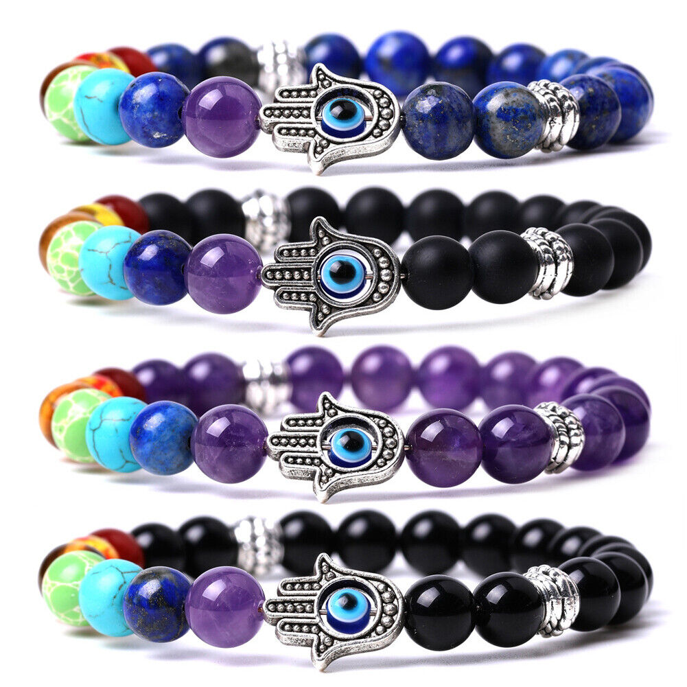 US 1-2Pcs Hamsa Hand Fatima 7-Chakra Lava Agate Beads Bracelet Reiki Energy Yoga