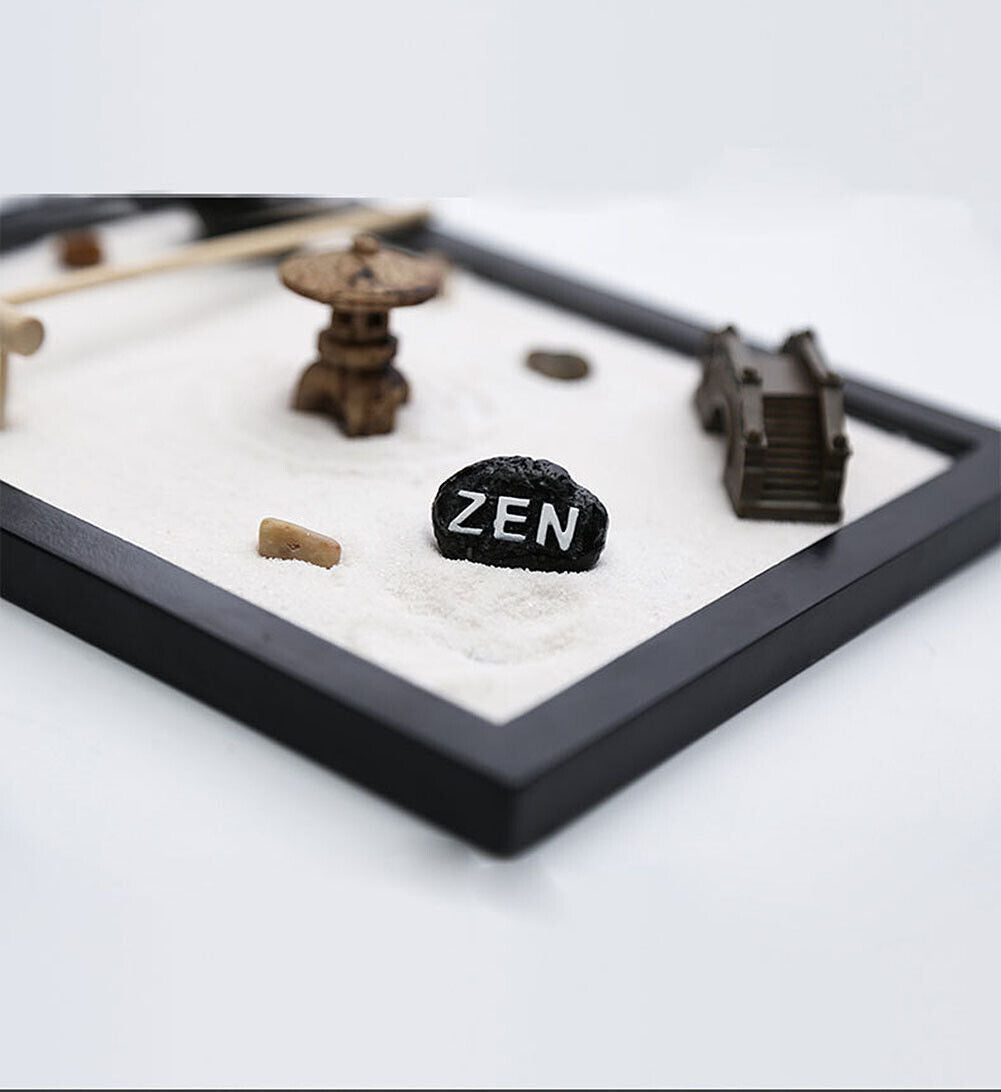 US Tabletop Mini Meditation Zen Garden w/ Pavilion statue Rock Venues Rake Sand