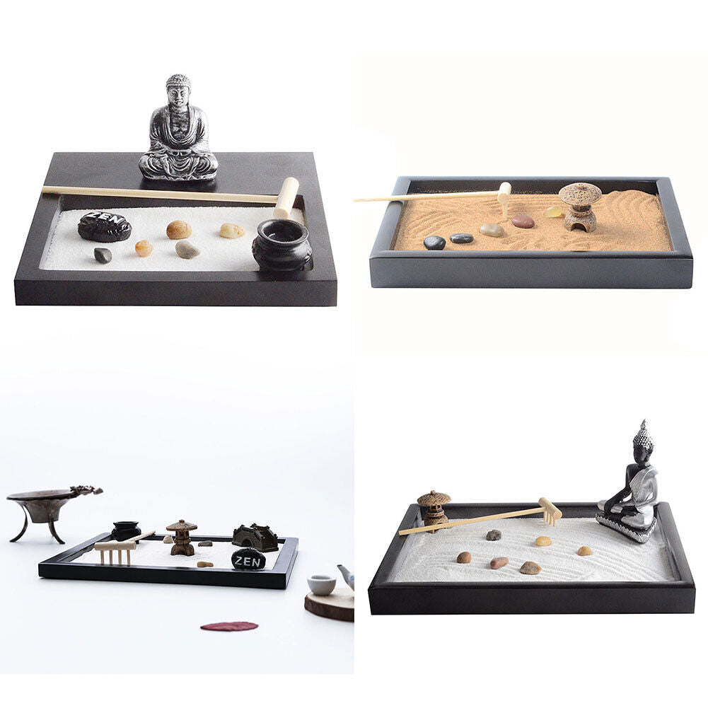 US Tabletop Mini Meditation Zen Garden w/ Pavilion statue Rock Venues Rake Sand