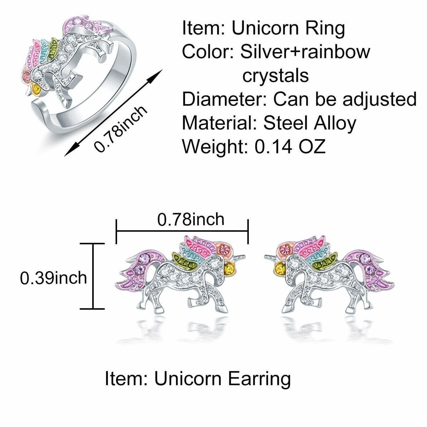 Unicorn Jewelry Set Rainbow Rhinestone Crystal Necklace, Bracelet, Earring,Ring