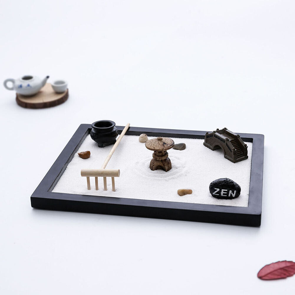 US Tabletop Mini Meditation Zen Garden w/ Pavilion statue Rock Venues Rake Sand