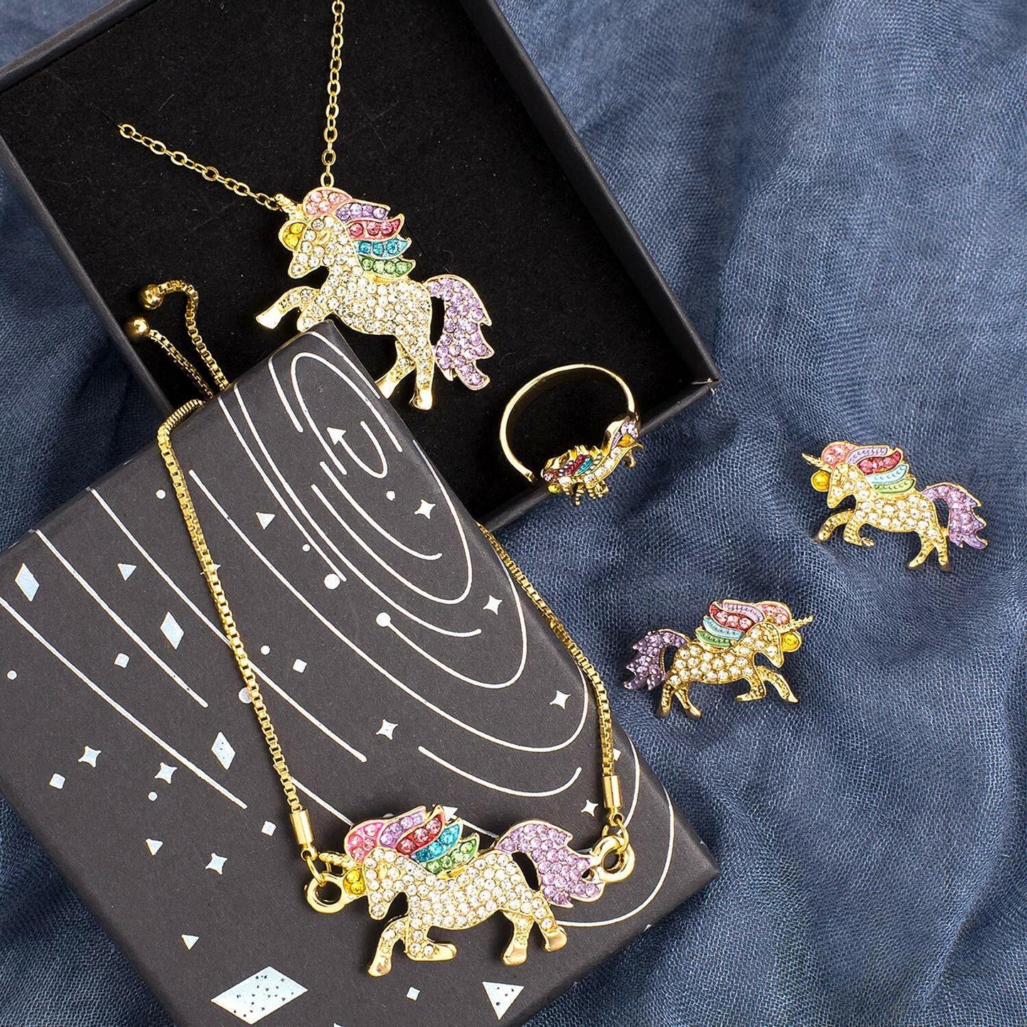 Unicorn Jewelry Set Rainbow Rhinestone Crystal Necklace, Bracelet, Earring,Ring