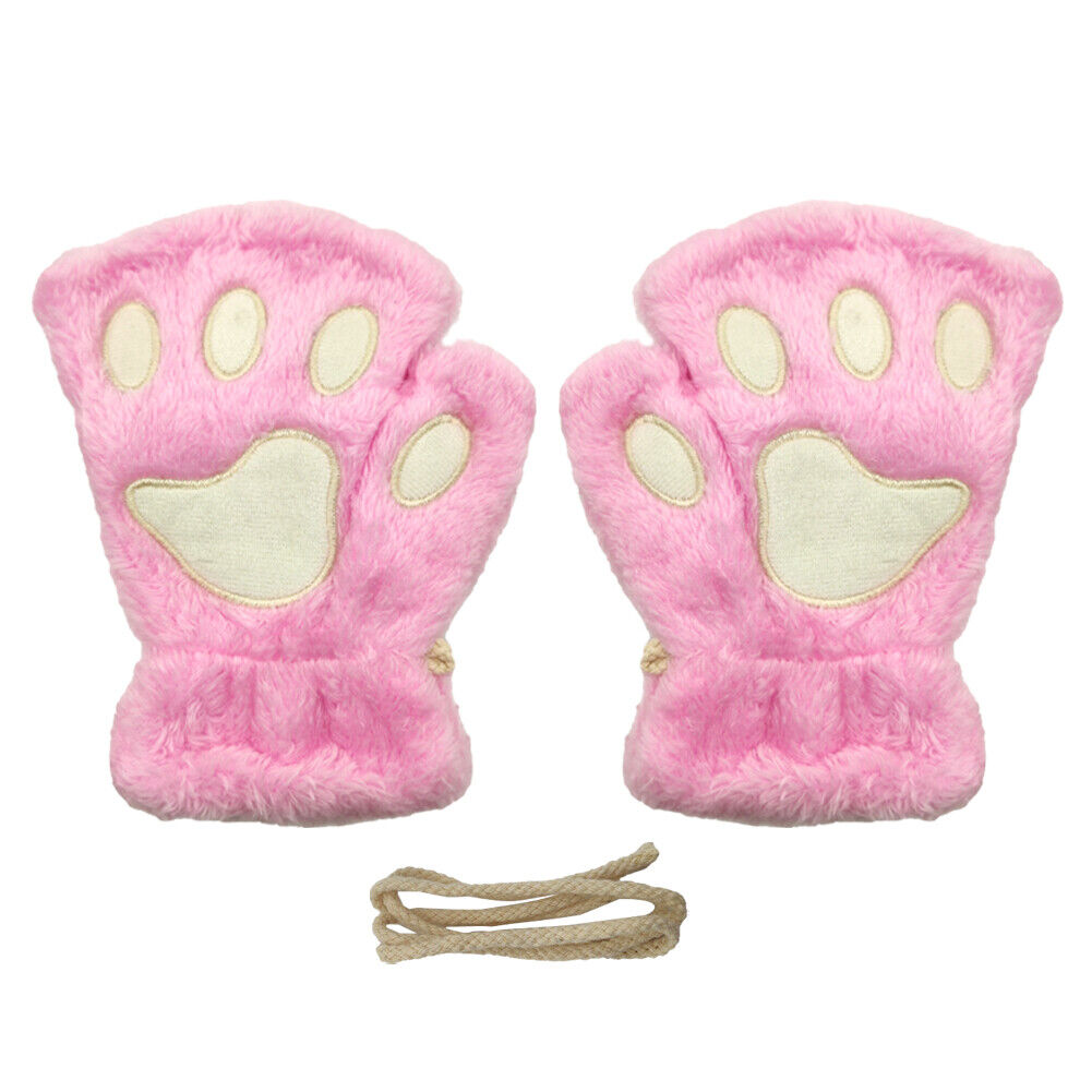 US Cat Claw Bear Paw Gloves Women Warm Plush Faux Fur Cosplay Fingerless Mittens