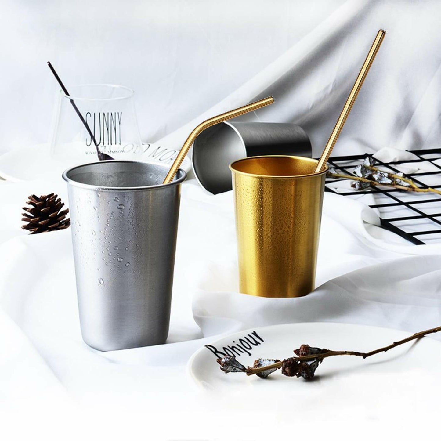 US 8pcs 10.5" Stainless Steel Ultra Long Metal Cocktail Straw + 2 Cleaner Brush