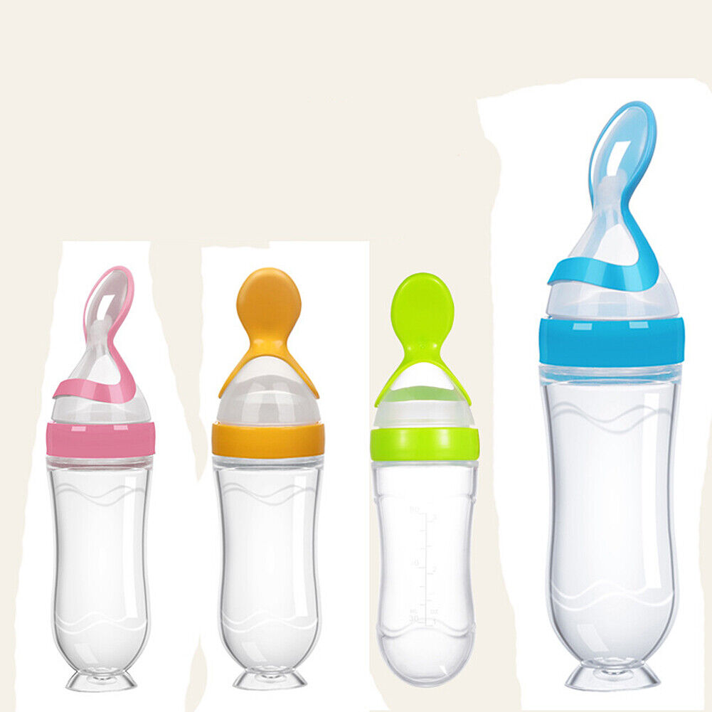 US Baby Silicone Squeeze Feeding Bottle w/Spoon Food Self-stand Feeder 3oz/90ML