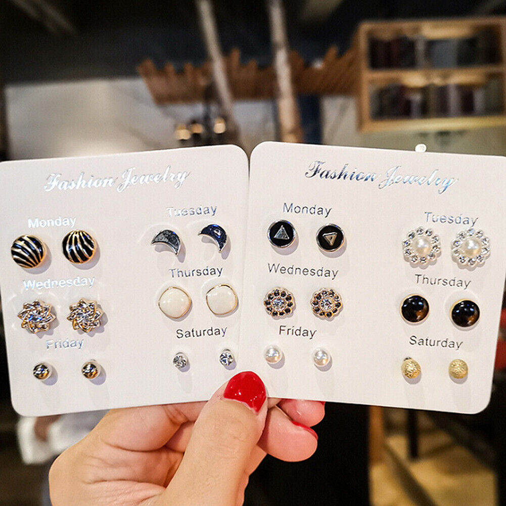 US 6~7 Pairs/Set Korean Style Week Earrings Set Crystal Rhinestone Ear Stud Gift