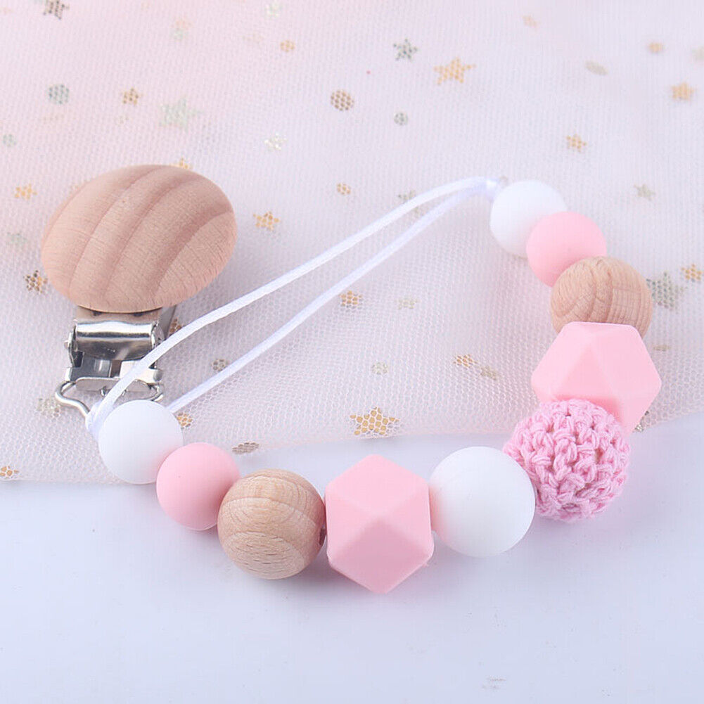 US 1-2 Pack Baby Pacifier Clip Chain Binky Holder Teething Beads Wooden Silicone