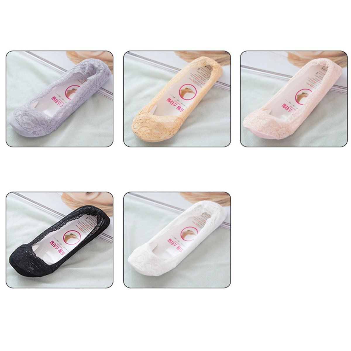 5 Pack Low Cut Lace Liner Boat Socks Ballet Plain Footies w/ Anti-slippery pads