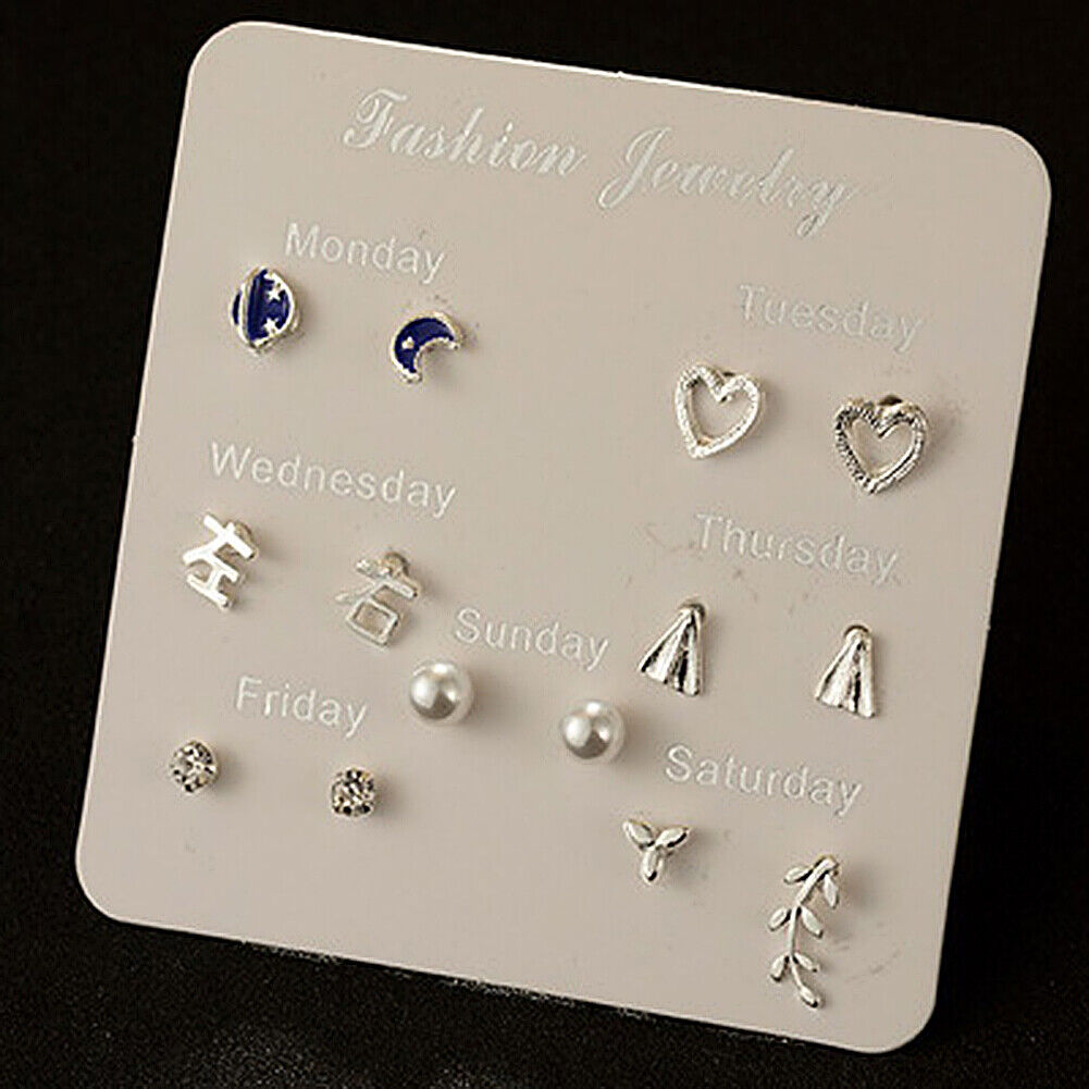 US 6~7 Pairs/Set Korean Style Week Earrings Set Crystal Rhinestone Ear Stud Gift