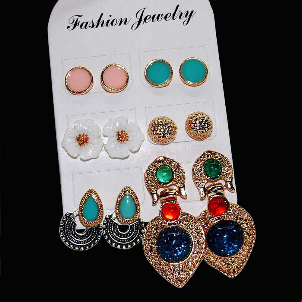 US Lot 4~12 Pairs Rhinestone Crystal Pearl Earrings Set Women Ear Stud Jewelry