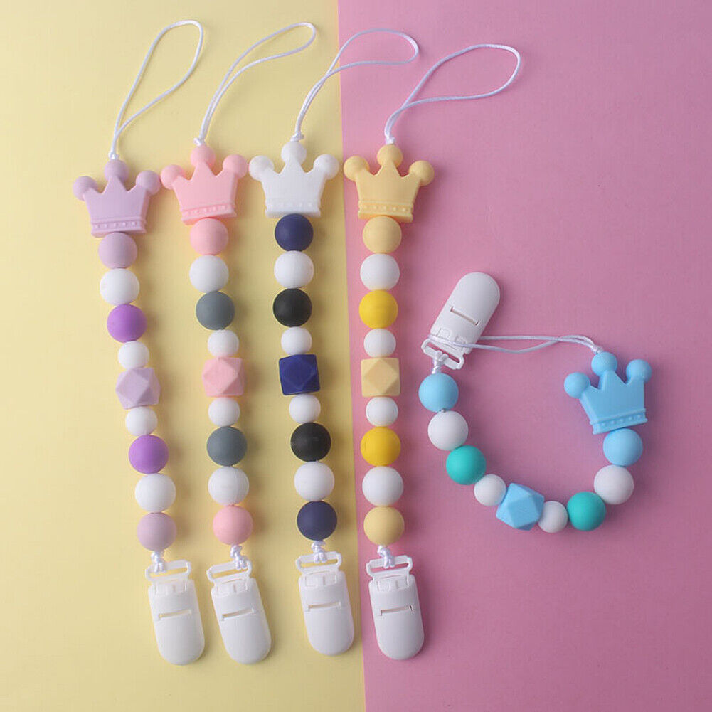 US 1-2 Pack Baby Pacifier Clip Chain Binky Holder Teething Beads Wooden Silicone