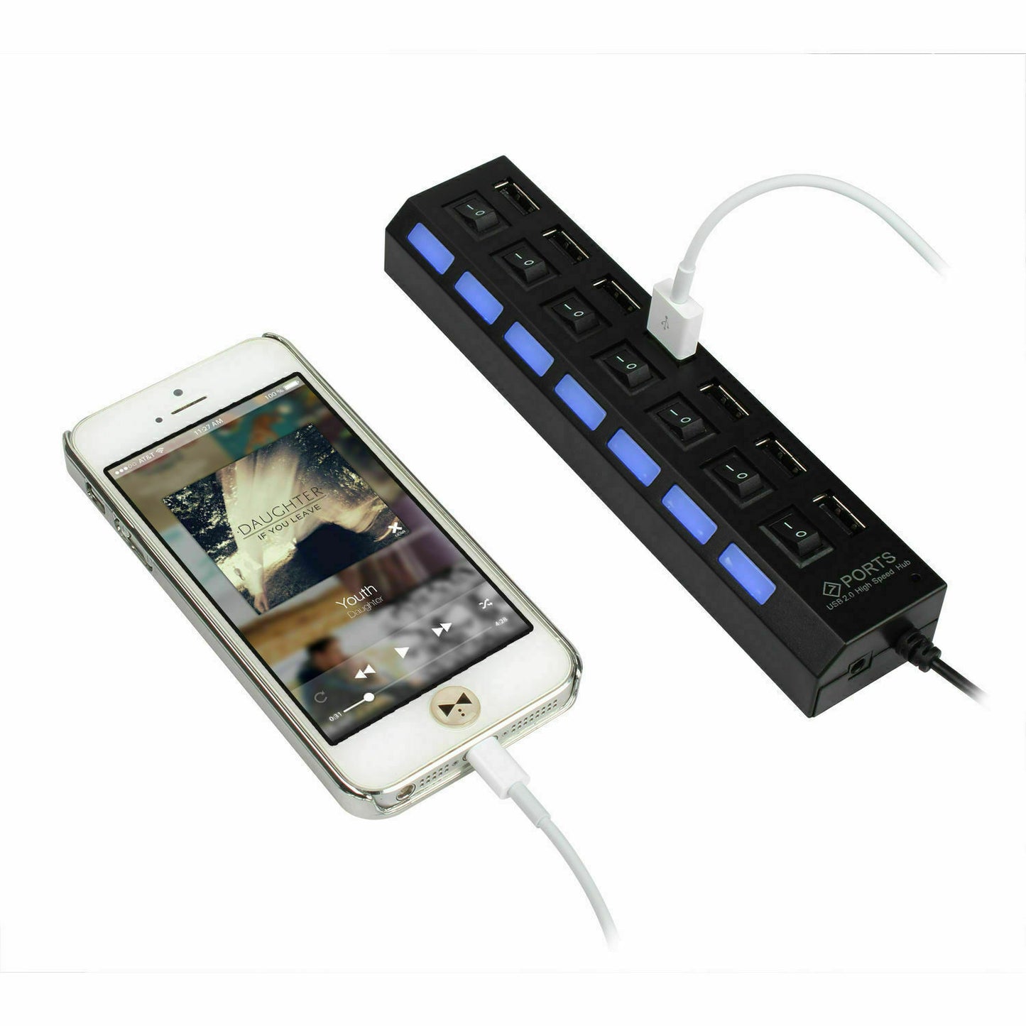 US 7 Port USB 2.0 Multi Charger Hub High Speed Adapter ON/OFF Switch Laptop/PC