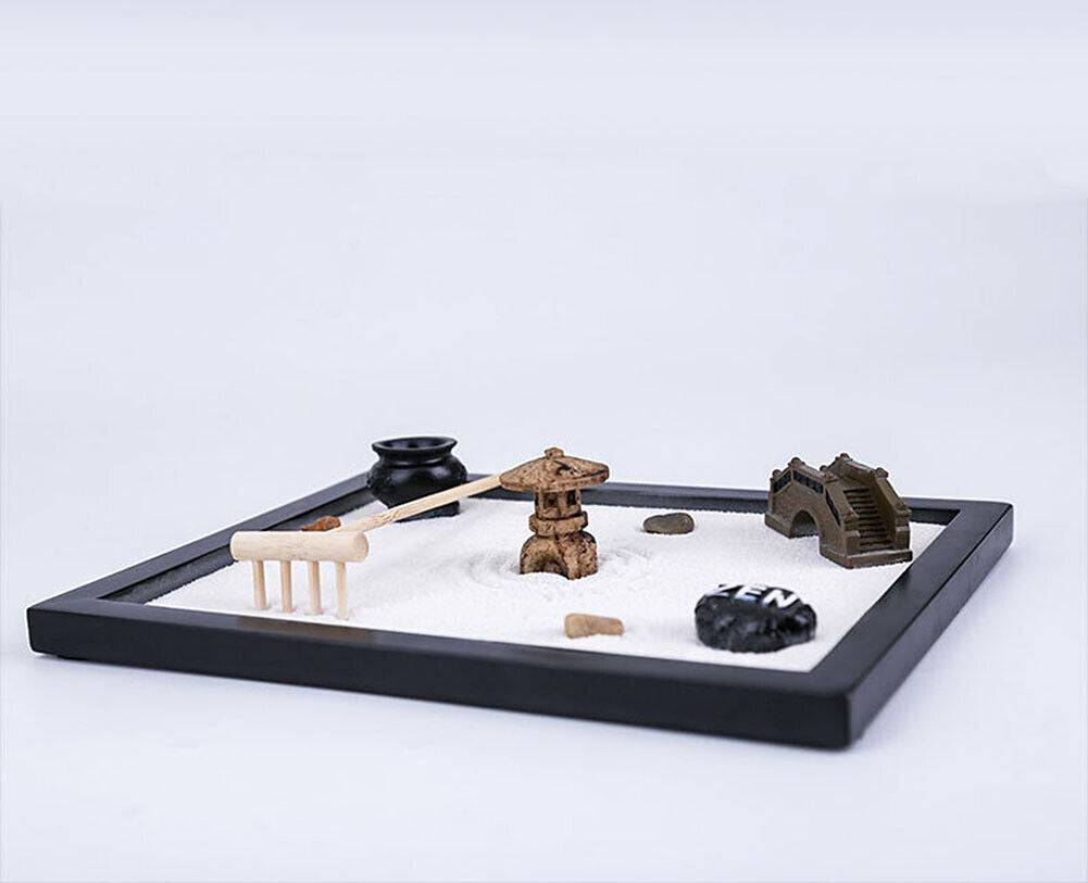 US Tabletop Mini Meditation Zen Garden w/ Pavilion statue Rock Venues Rake Sand