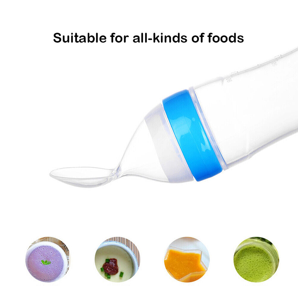 US Baby Silicone Squeeze Feeding Bottle w/Spoon Food Self-stand Feeder 3oz/90ML