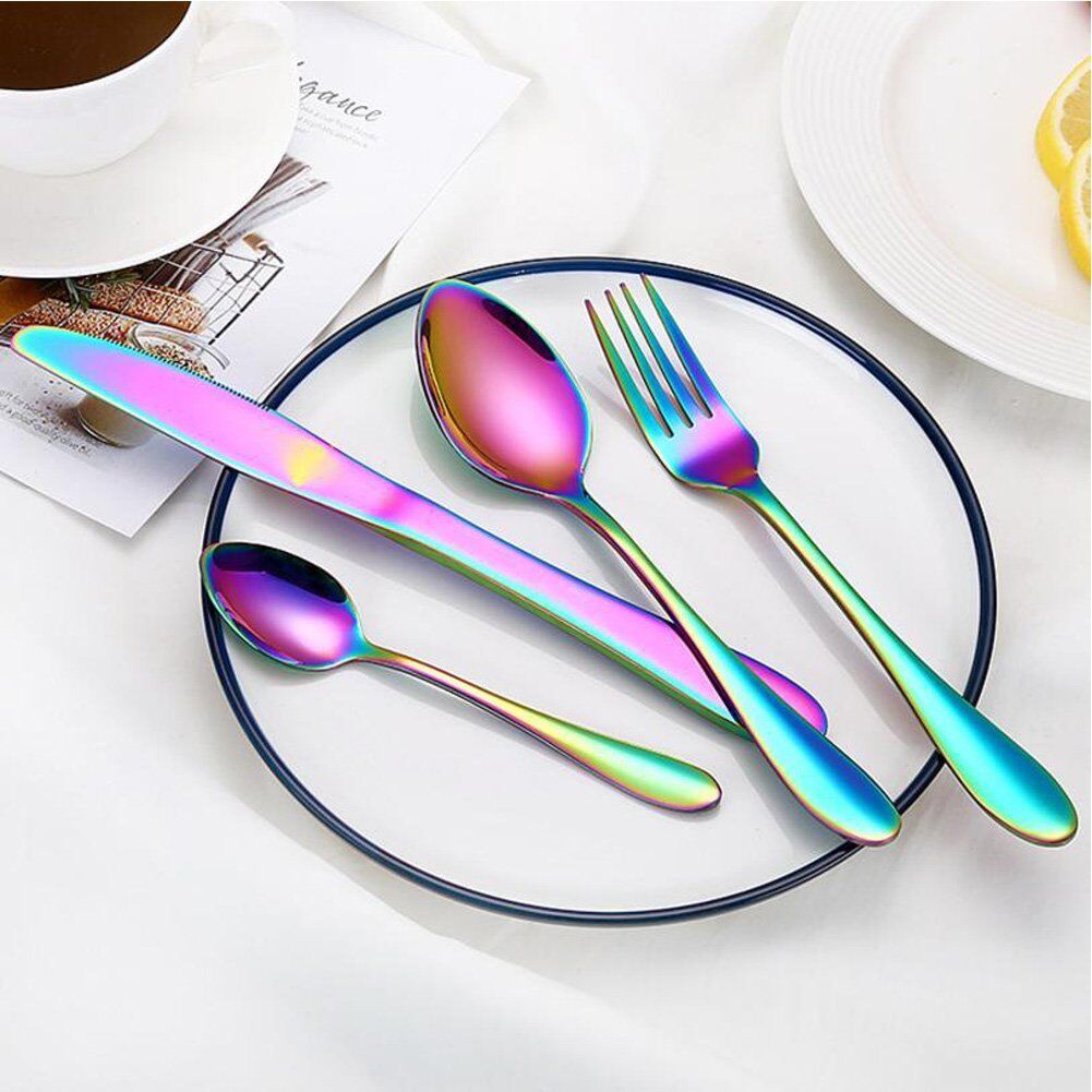 4Pcs Flatware Rainbow Dinnerware Stainless Steel Tableware Set Fork Spoon Knife