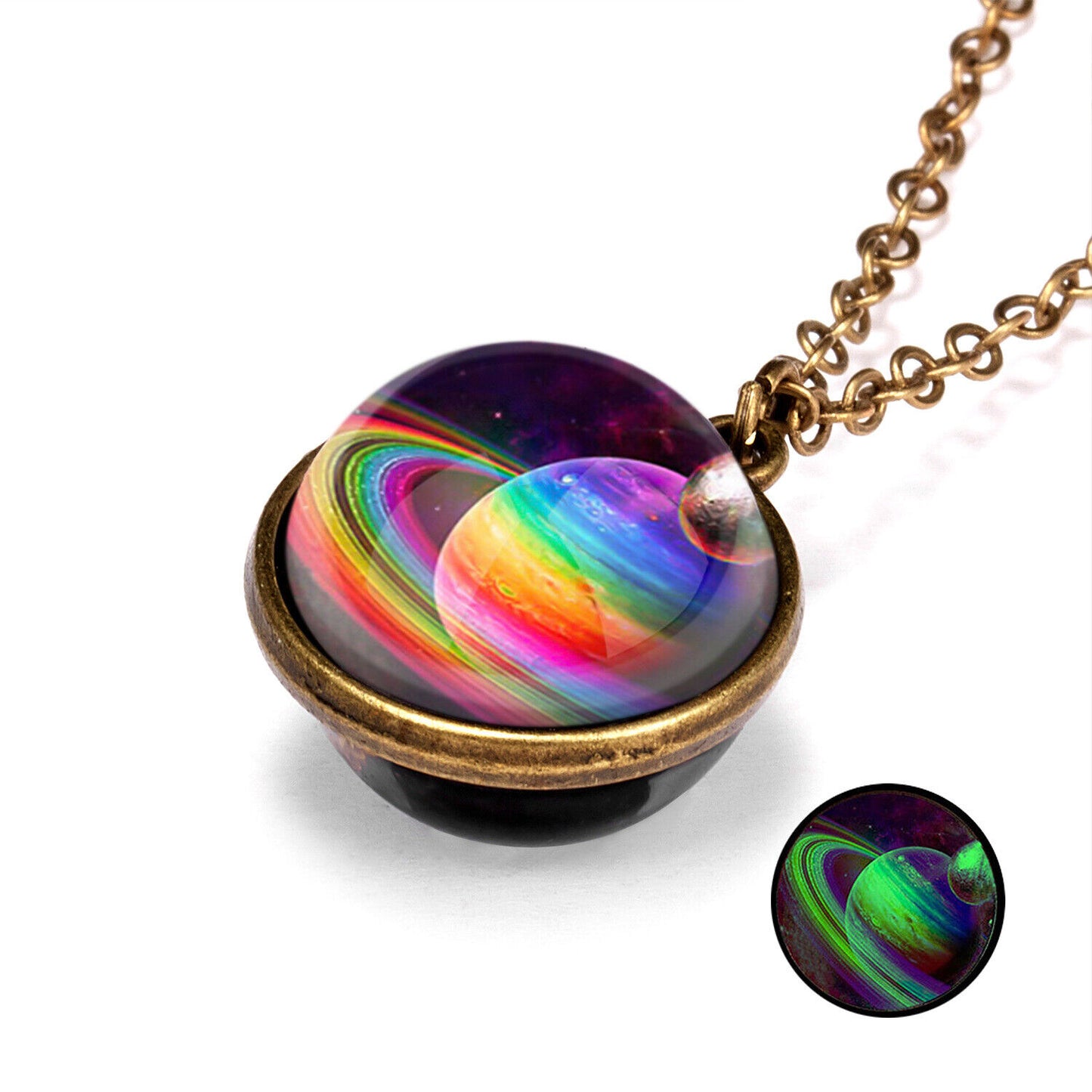 Glow in the Dark Galaxy Universe Stars Double Sided Glass Dome Planet NecklaceUS