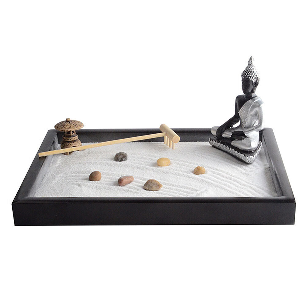 US Tabletop Mini Meditation Zen Garden w/ Pavilion statue Rock Venues Rake Sand