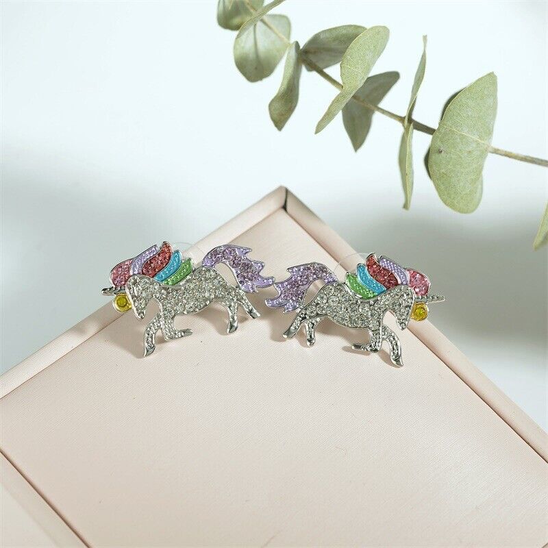 US Unicorn Jewelry Rainbow Rhinestone Crystal Necklace/ Bracelet/ Earring/ Ring