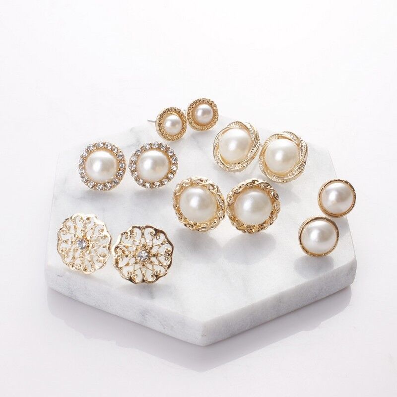 US Lot 4~12 Pairs Rhinestone Crystal Pearl Earrings Set Women Ear Stud Jewelry