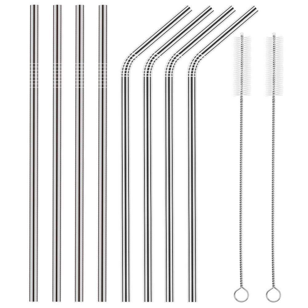 US 8pcs 10.5" Stainless Steel Ultra Long Metal Cocktail Straw + 2 Cleaner Brush