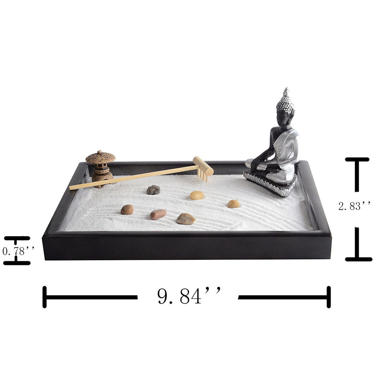 US Tabletop Mini Meditation Zen Garden w/ Pavilion statue Rock Venues Rake Sand