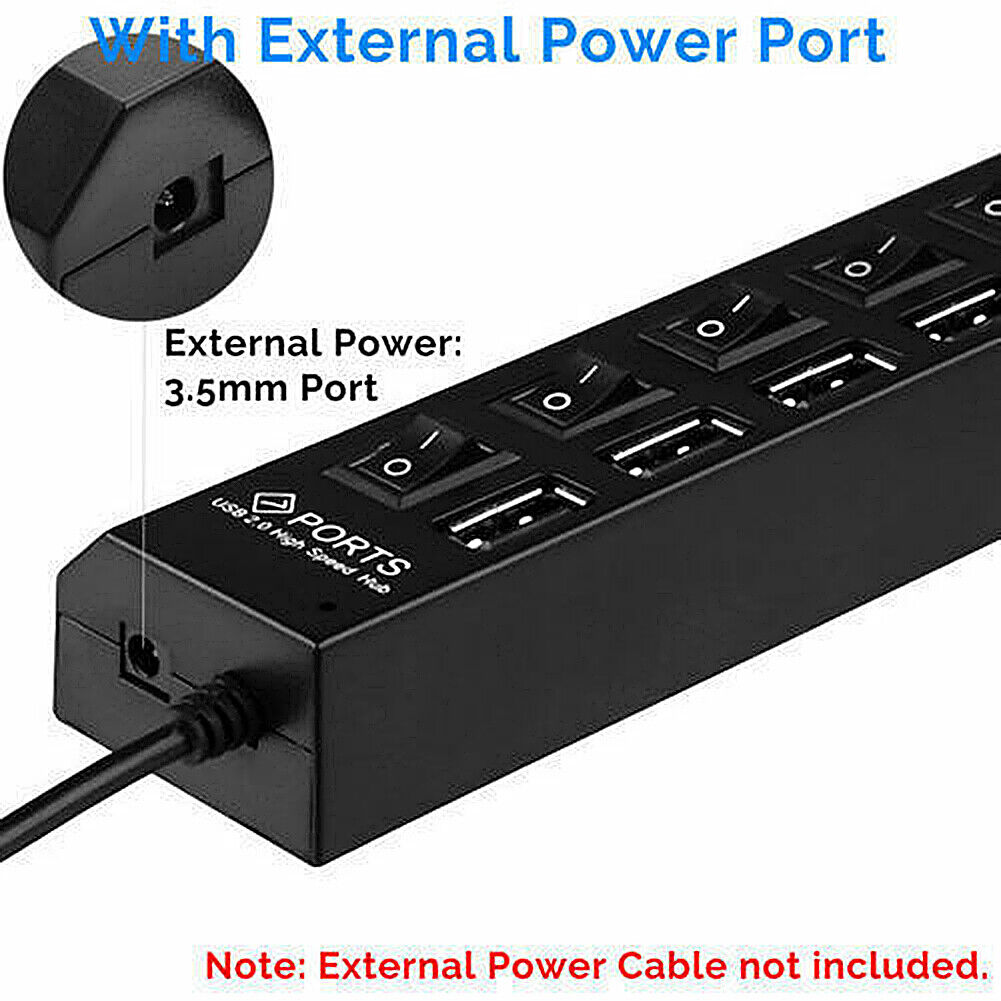 US 7 Port USB 2.0 Multi Charger Hub High Speed Adapter ON/OFF Switch Laptop/PC