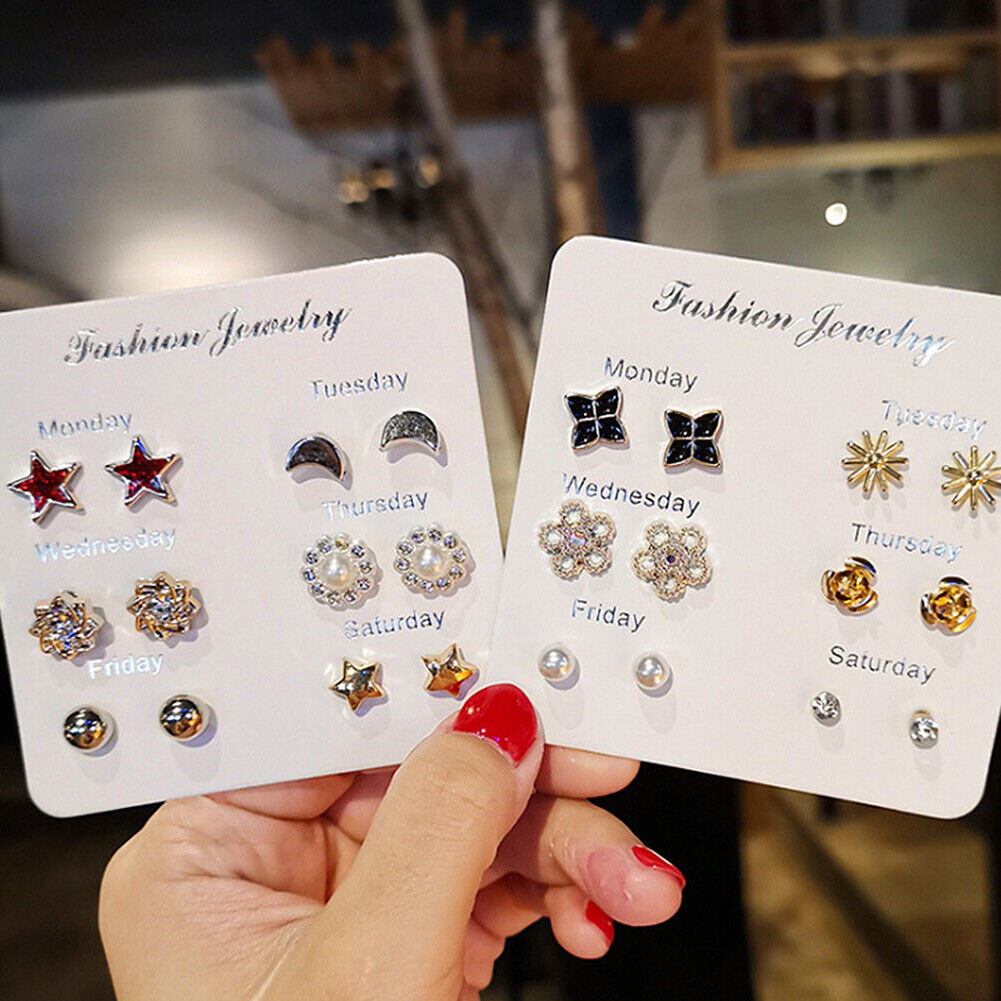 US 6~7 Pairs/Set Korean Style Week Earrings Set Crystal Rhinestone Ear Stud Gift