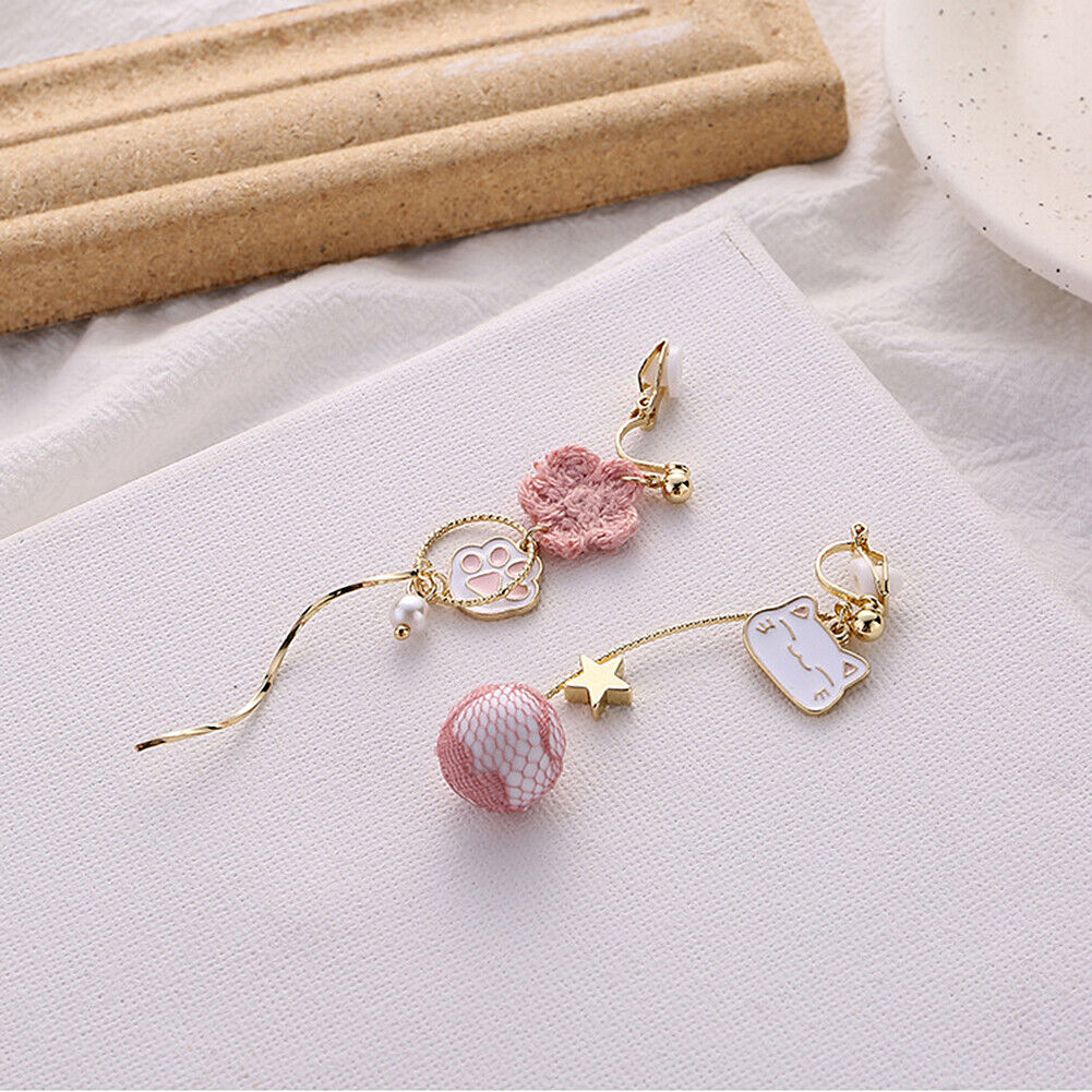 US Pom Pom Flower Balloon Daisy Vintage Heart Cat Star Fruit Earrings /Ear Clips
