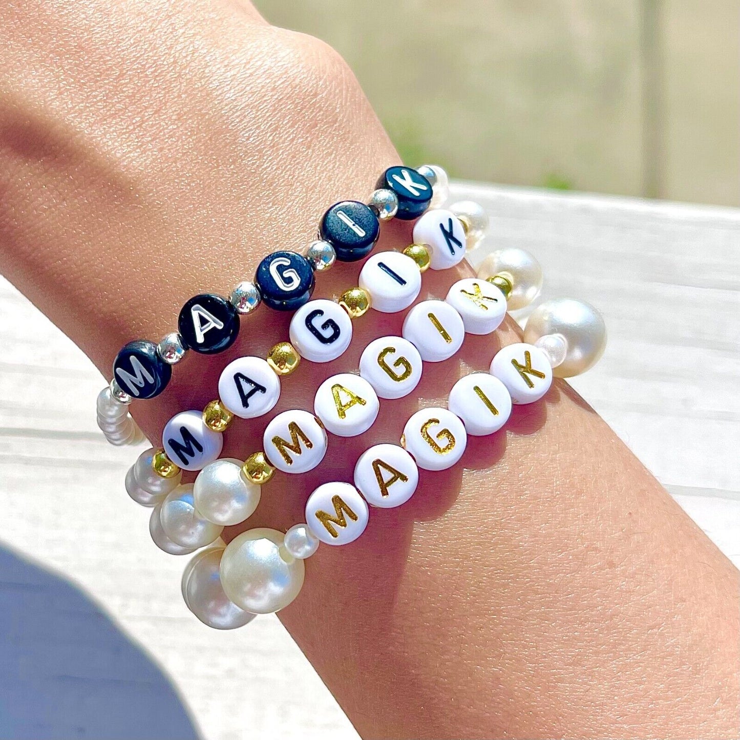 Magik Custom Name Bracelet High Luster Imitation Pearl Stackable Mama Bracelet