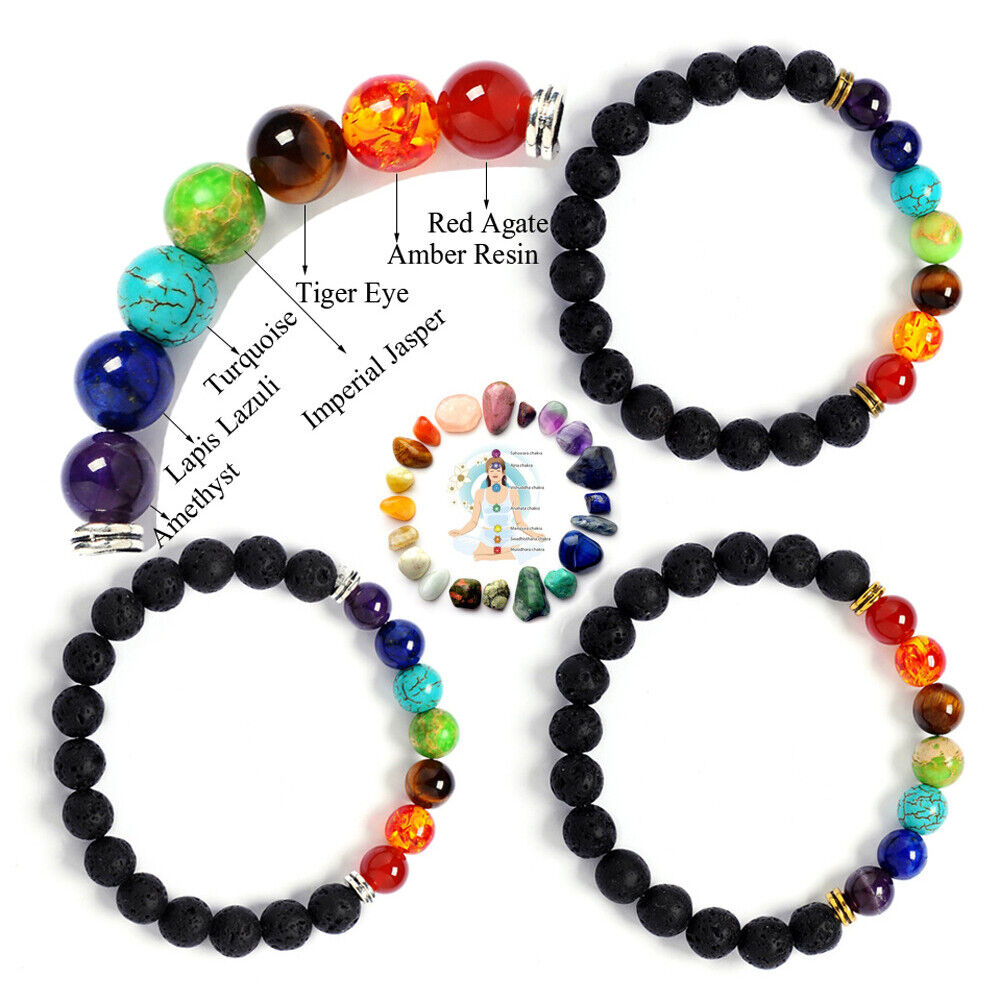 US 7-Chakra Healing Buddha Lion Drum Beads Lava Stone Reiki Meditation Bracelet