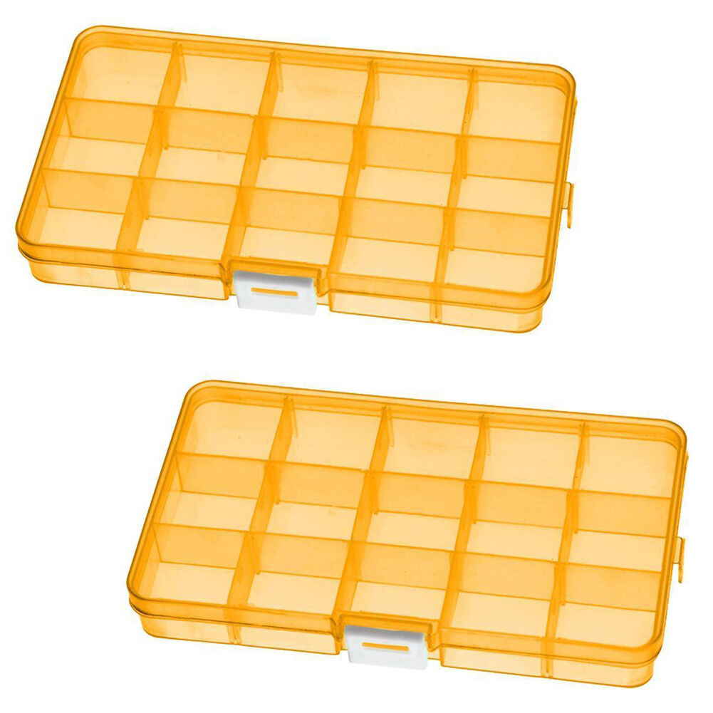 2 Pack Plastic Storage Box Jewelry Earring Tool Containers w/Divider, 10-15 Grid