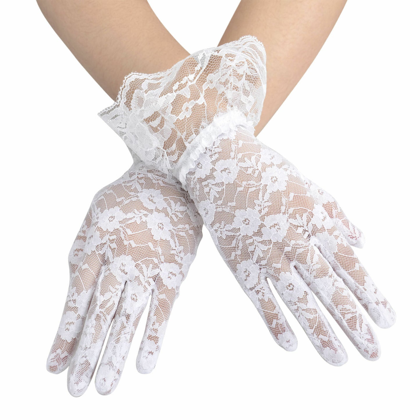 US 1-2 Pairs Sexy Lace Wrist Length Gloves w/ Ruffle Bride Wedding Prom Anti UV