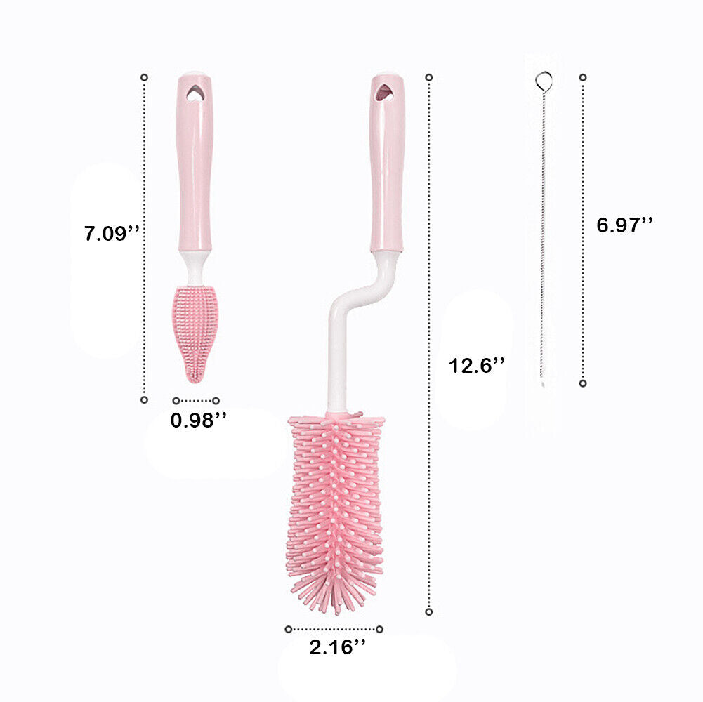 US 3PCS Set Silicone Feeding Baby Bottle Nipple Straw Cleaning Brush 360 Degree