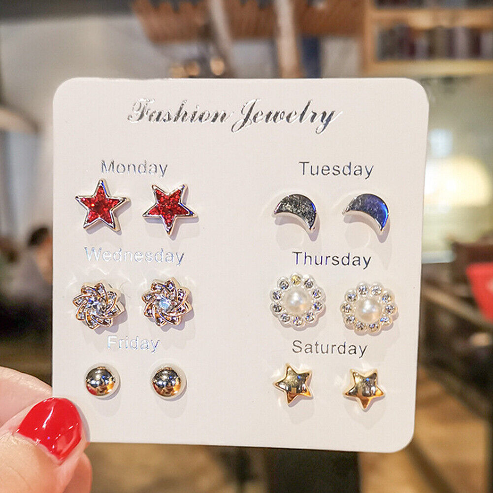 US 6~7 Pairs/Set Korean Style Week Earrings Set Crystal Rhinestone Ear Stud Gift