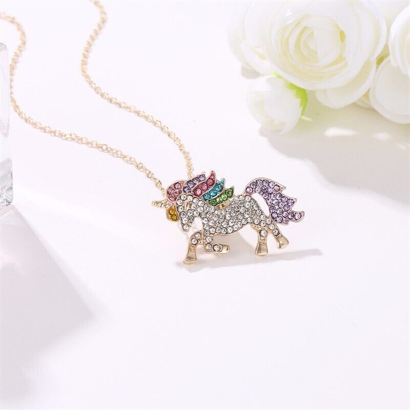 US Unicorn Jewelry Rainbow Rhinestone Crystal Necklace/ Bracelet/ Earring/ Ring