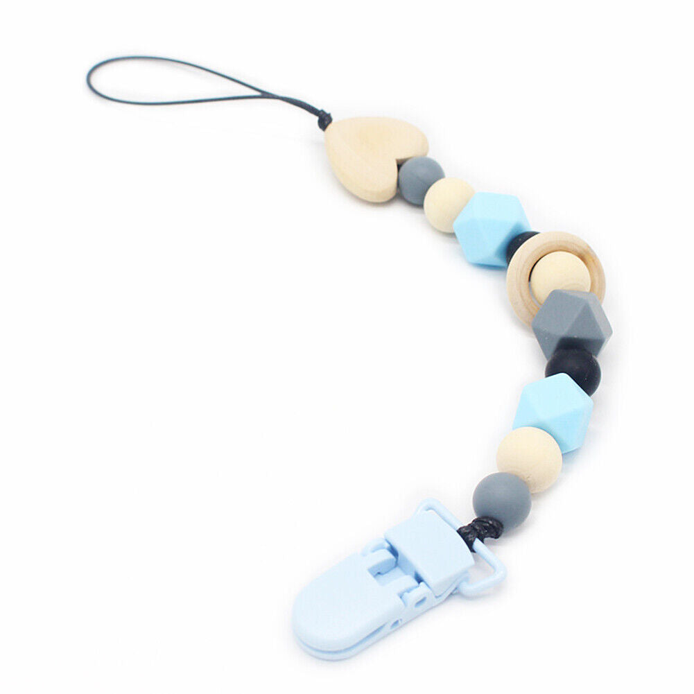 US 1-2 Pack Baby Pacifier Clip Chain Binky Holder Teething Beads Wooden Silicone