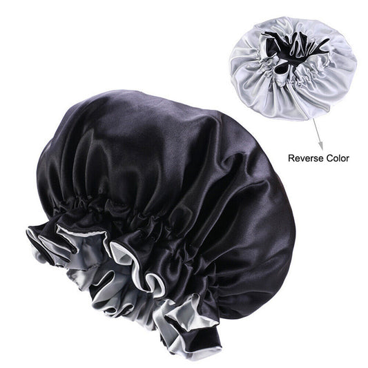 US Double-sided Satin Night Sleep Cap Hair Bonnet Hat Head Cover w/ Elastic Band