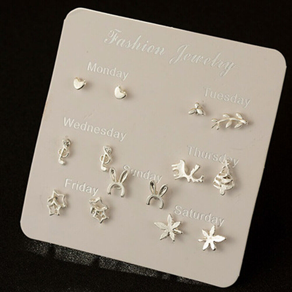 US 6~7 Pairs/Set Korean Style Week Earrings Set Crystal Rhinestone Ear Stud Gift