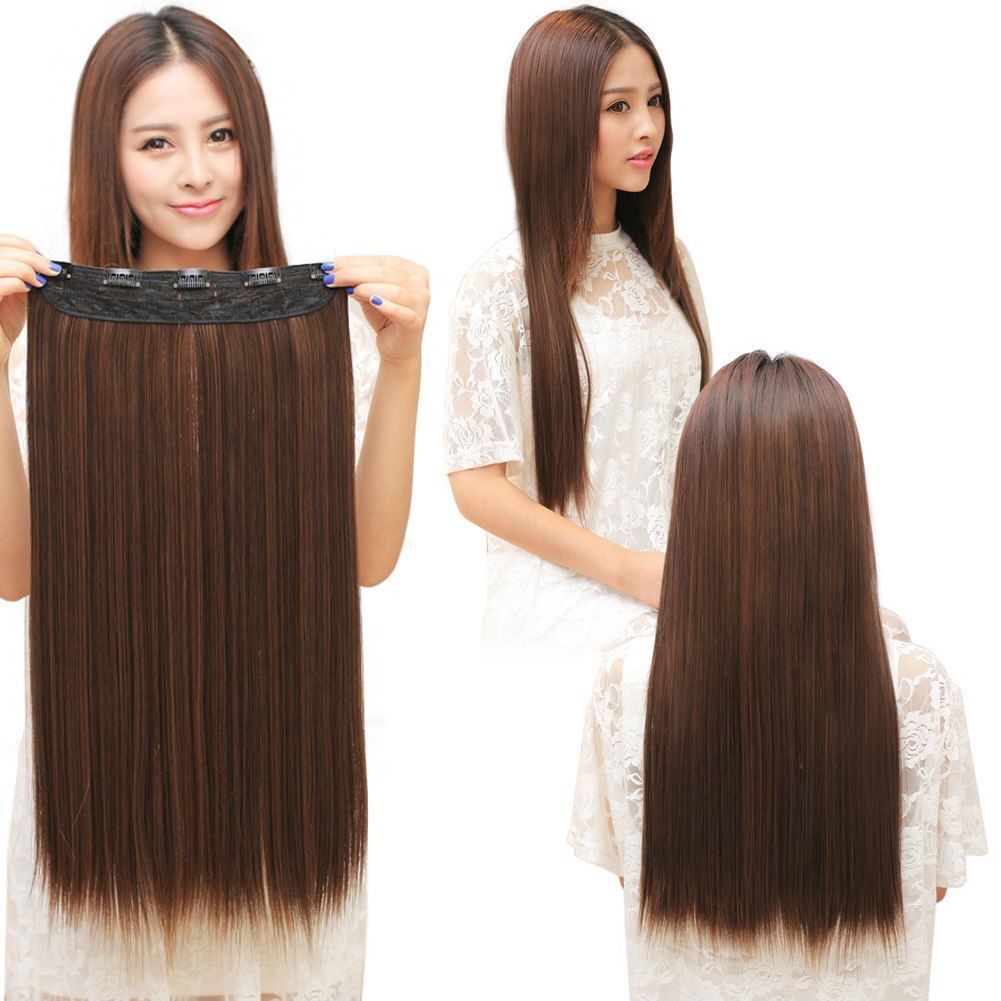 【US Stock】 3/4 Full Head Hair Extensions Clip Straight Curly w/ 5 Clips, Long