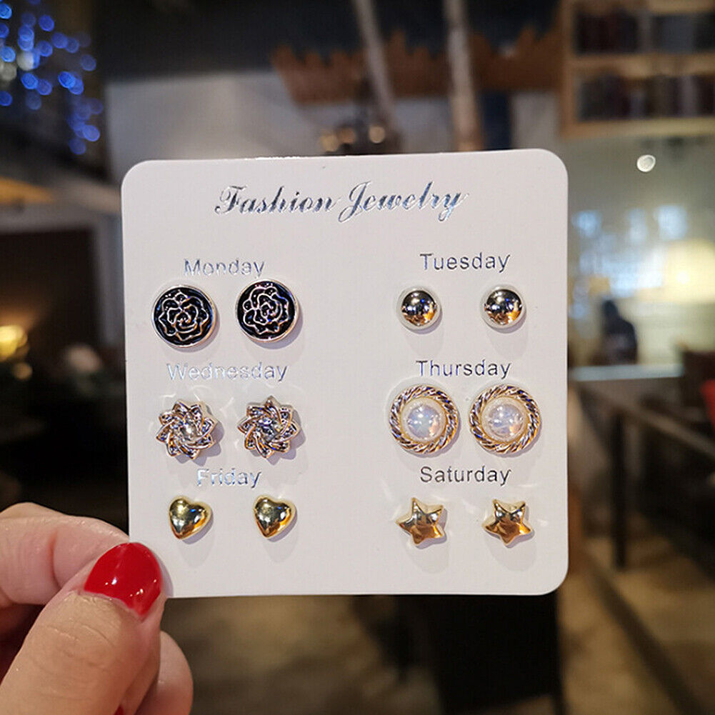 US 6~7 Pairs/Set Korean Style Week Earrings Set Crystal Rhinestone Ear Stud Gift