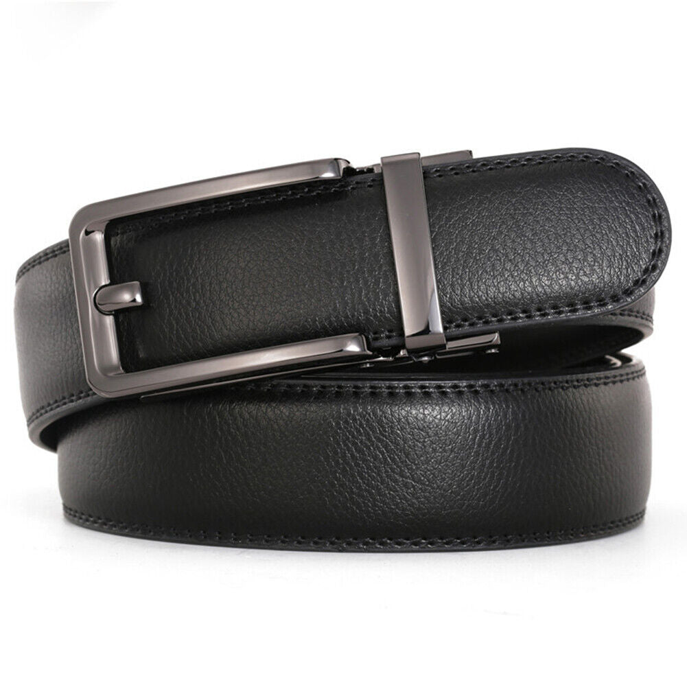 US Men Ratchet Belt Genuine Leather Belt w/ Slide Ratchet Automatic Click Buckle