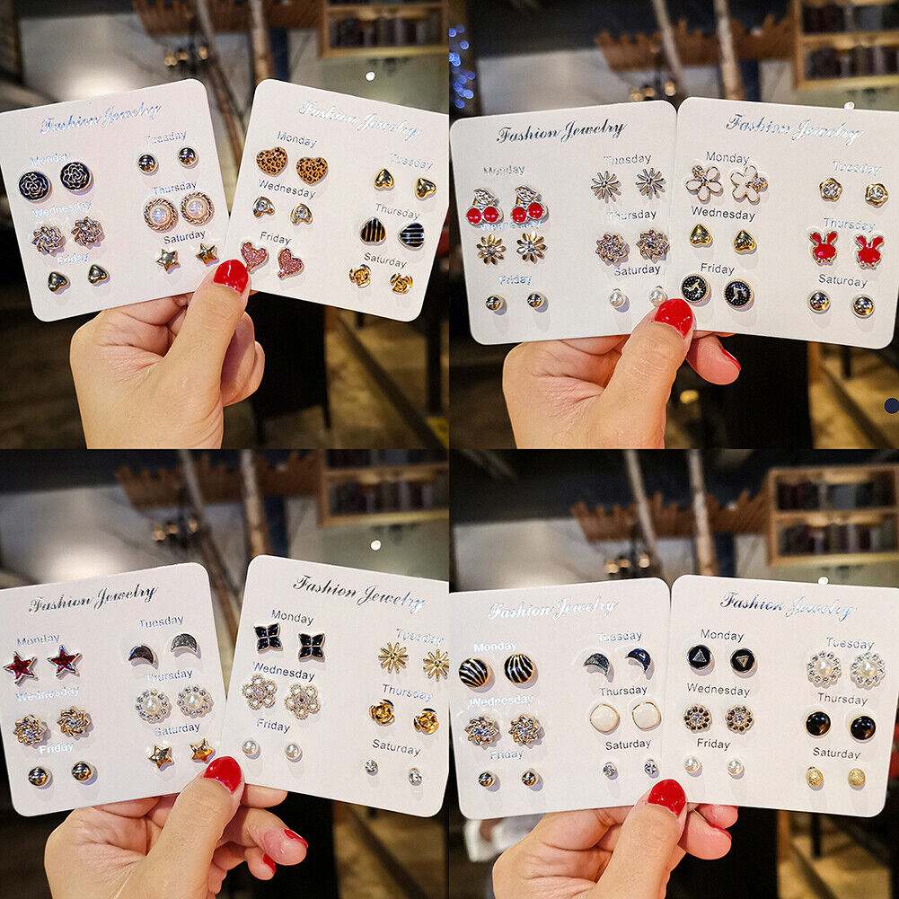 US 6~7 Pairs/Set Korean Style Week Earrings Set Crystal Rhinestone Ear Stud Gift