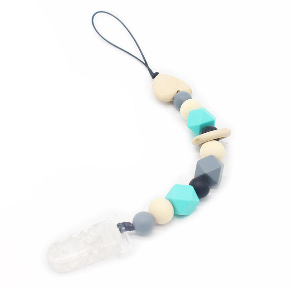 US 1-2 Pack Baby Pacifier Clip Chain Binky Holder Teething Beads Wooden Silicone