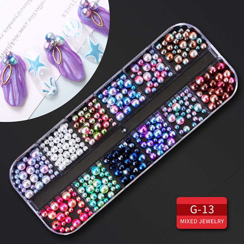 US 12 Grids Nail Glitter Flakes Sequins Rhinestones Pearl Nail Art Decorations