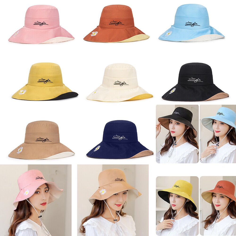 US Daisy Double-Sided UV Protection Wide Brim Bucket Hat Sun Beach Fisherman Cap