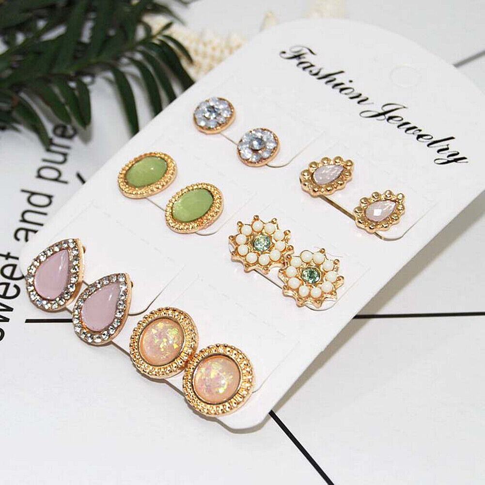 US Lot 4~12 Pairs Rhinestone Crystal Pearl Earrings Set Women Ear Stud Jewelry