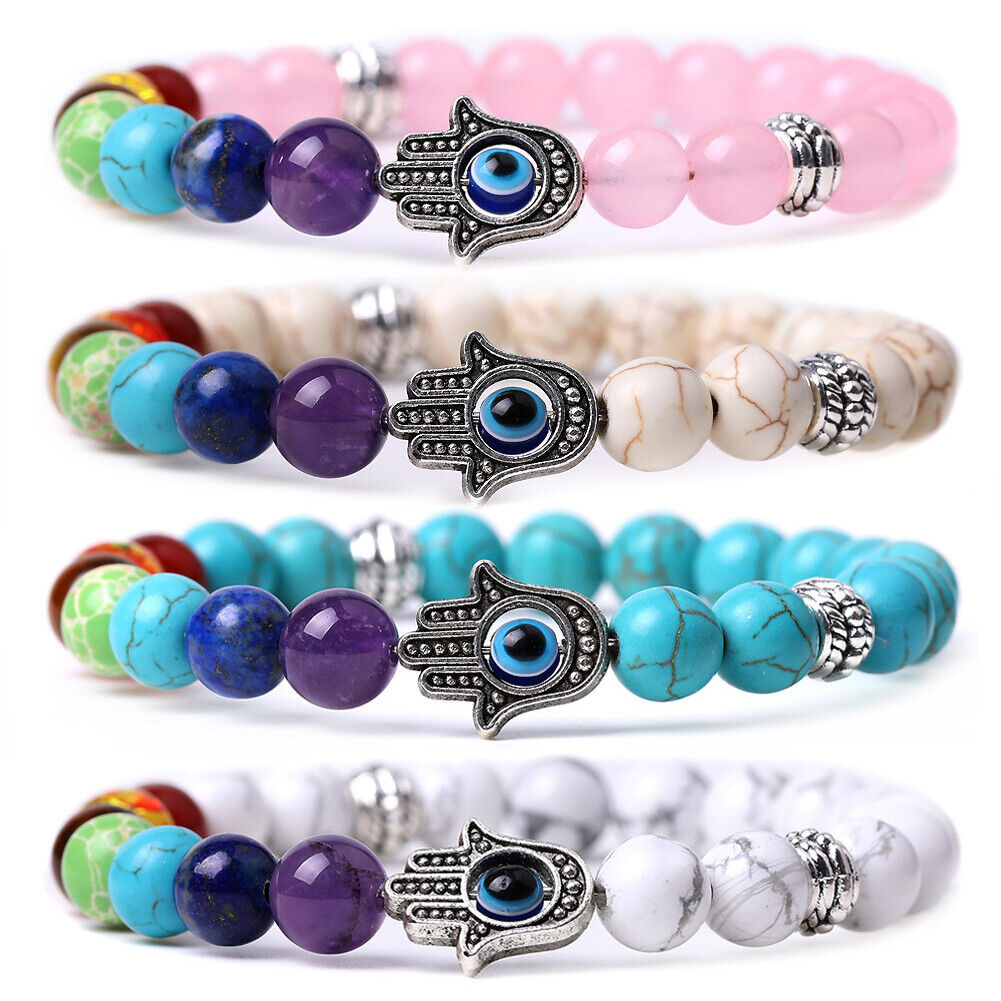 US 1-2Pcs Hamsa Hand Fatima 7-Chakra Lava Agate Beads Bracelet Reiki Energy Yoga