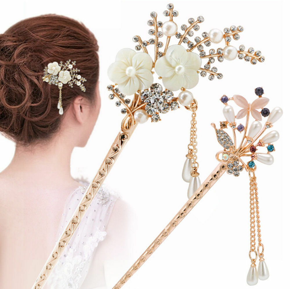 US Vintage Chinese Style Rhinestone Hair Chopsticks Stick Hairpin Chignon Pin