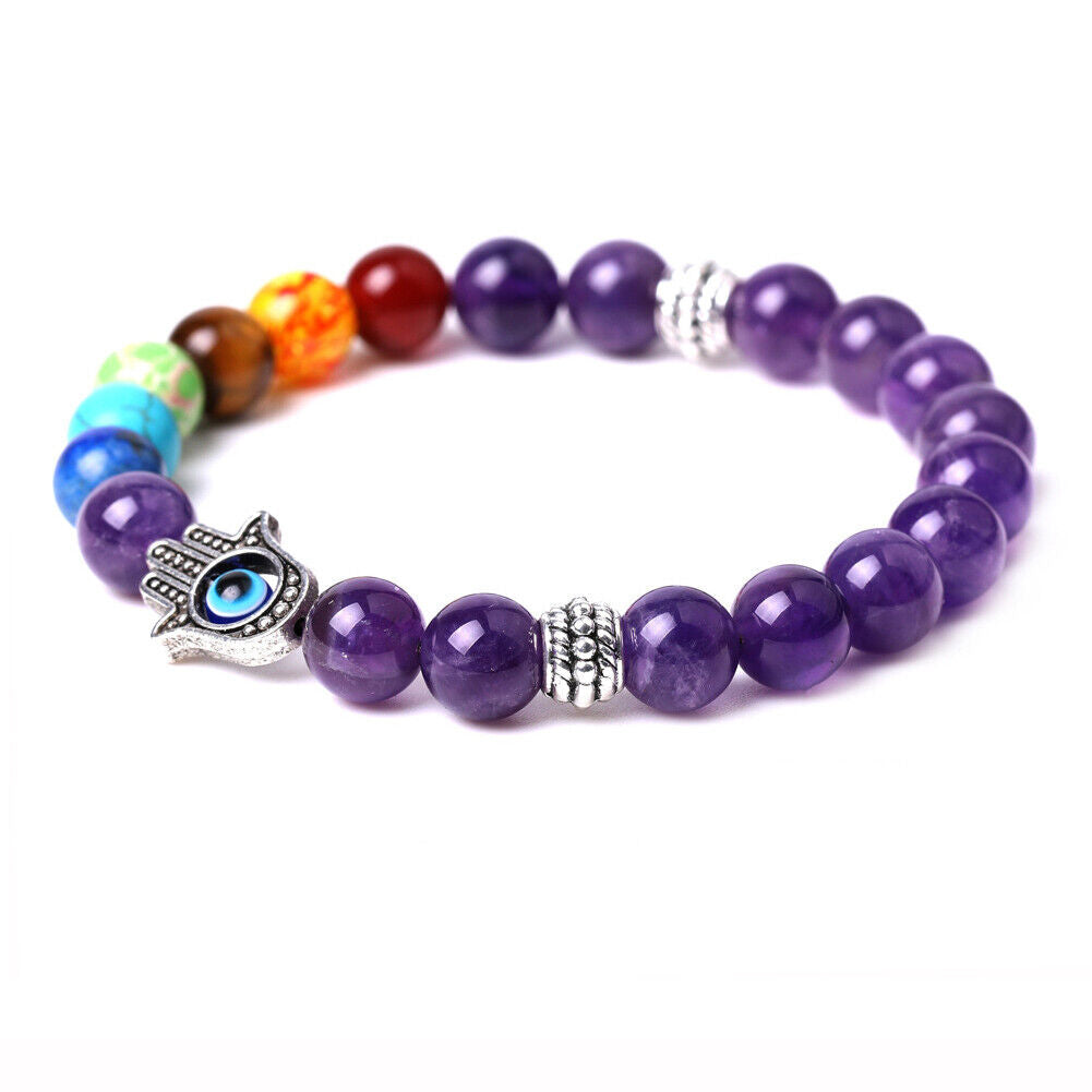 US 1-2Pcs Hamsa Hand Fatima 7-Chakra Lava Agate Beads Bracelet Reiki Energy Yoga